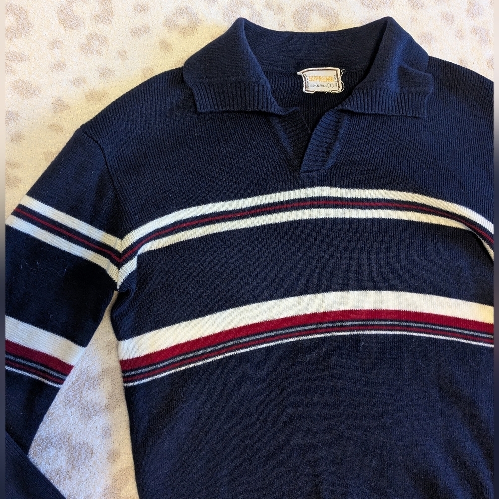 Vintage Supreme Striped Polo Collar Sweater Navy Red White Sporty Cool Small - Picture 2 of 6